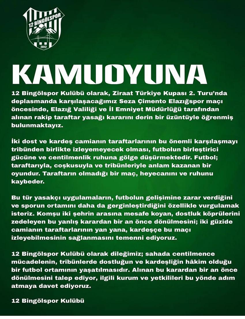 Şok Karar: Kupa Maçı'nda Bingölspor’a Seyirci Yasağı